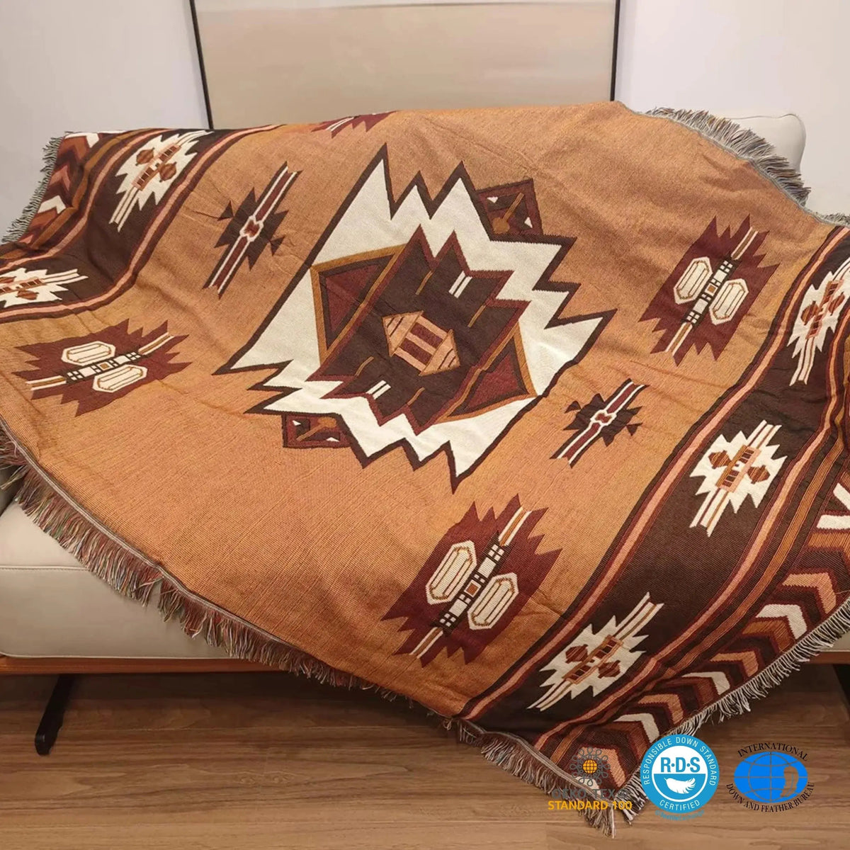 Woven Throw Blanket with Tassels Reversible Brown Sofa Bed