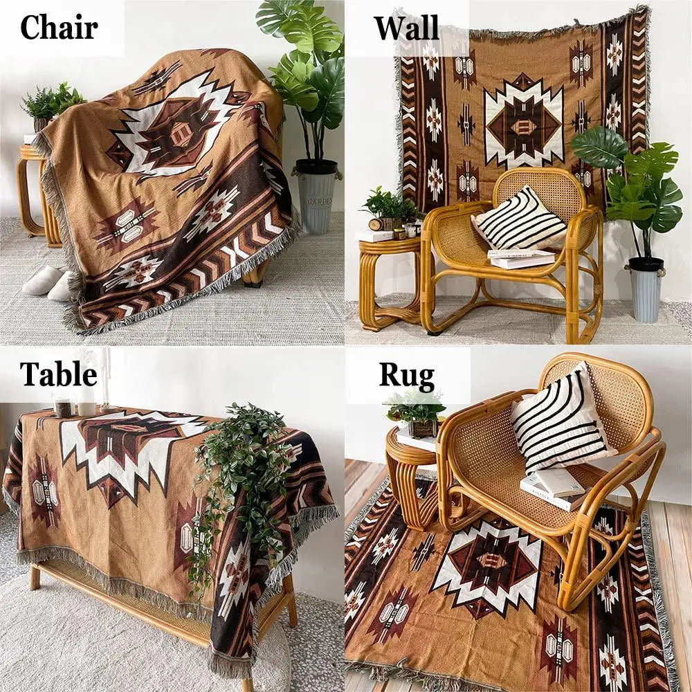 Woven Throw Blanket with Tassels Reversible Brown Sofa Bed