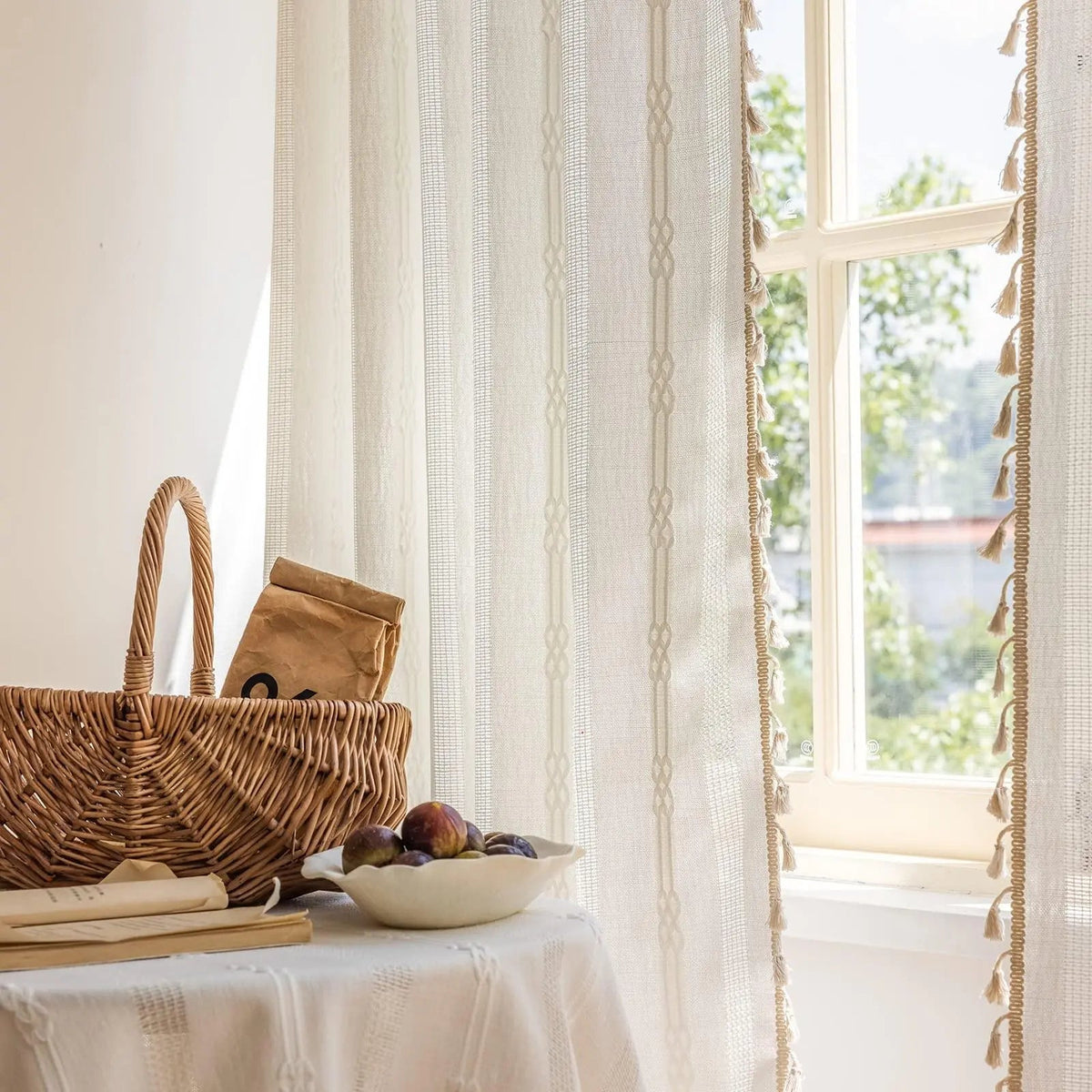 Tasseled Embroidered Stripe Semi-Sheer Curtain Panels