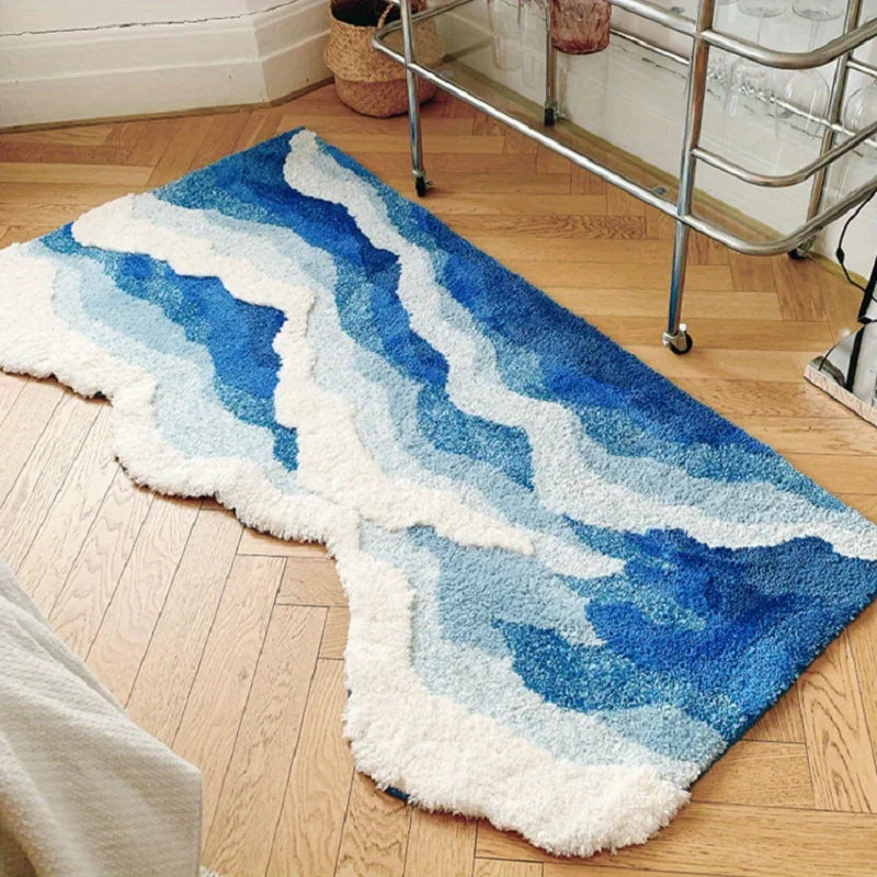 Blue Sea Wave Flocking Non-Slip Area Rug Bedroom Entryway Hallway