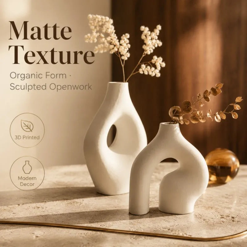 :Bend Ring Isle Hollow Matte White Sculpture Vase Decor Matte 3D Printed PLA Material Mid-century Wabi Sabi Style for Travertine