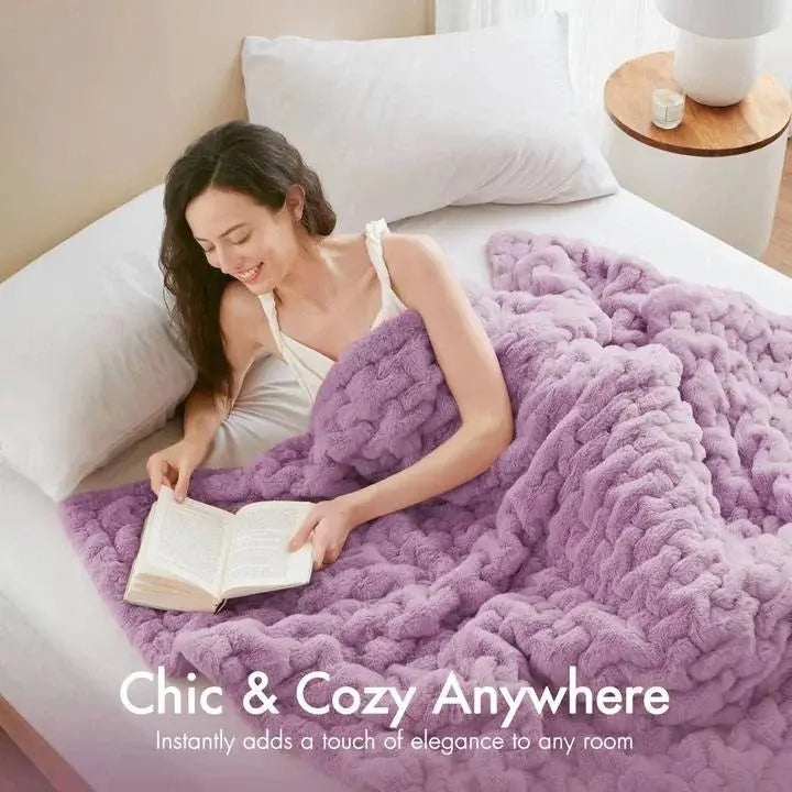 Ruched Faux Fur Throw Blanket Double Sided Cozy Reversible Design