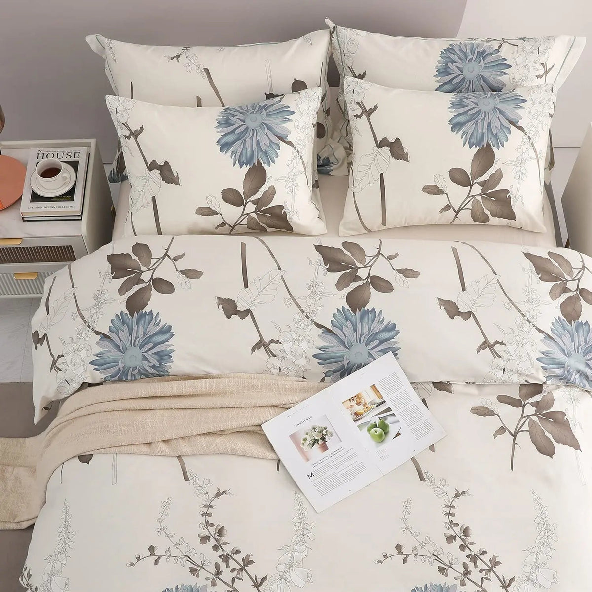 Botanical Bedding Set 4 Piece Cotton Reversible Print Decor