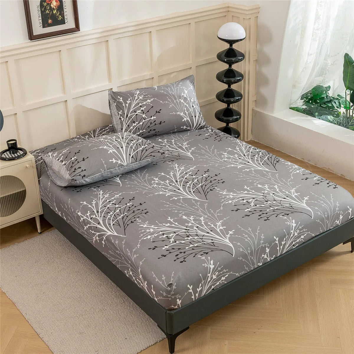 Gray Leaf Fitted Sheet Soft Breathable Bedroom Bedding