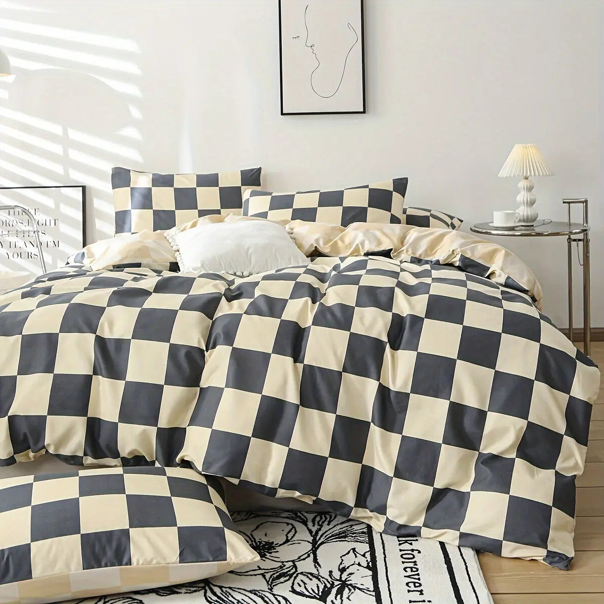Checkered Bedding Set Soft Duvet Cover Breathable Bedroom