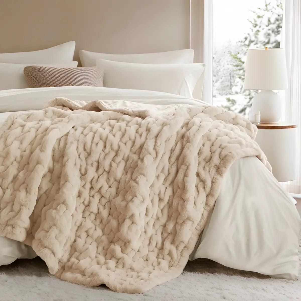 Ruched Faux Fur Throw Blanket Double Sided Cozy Reversible Design