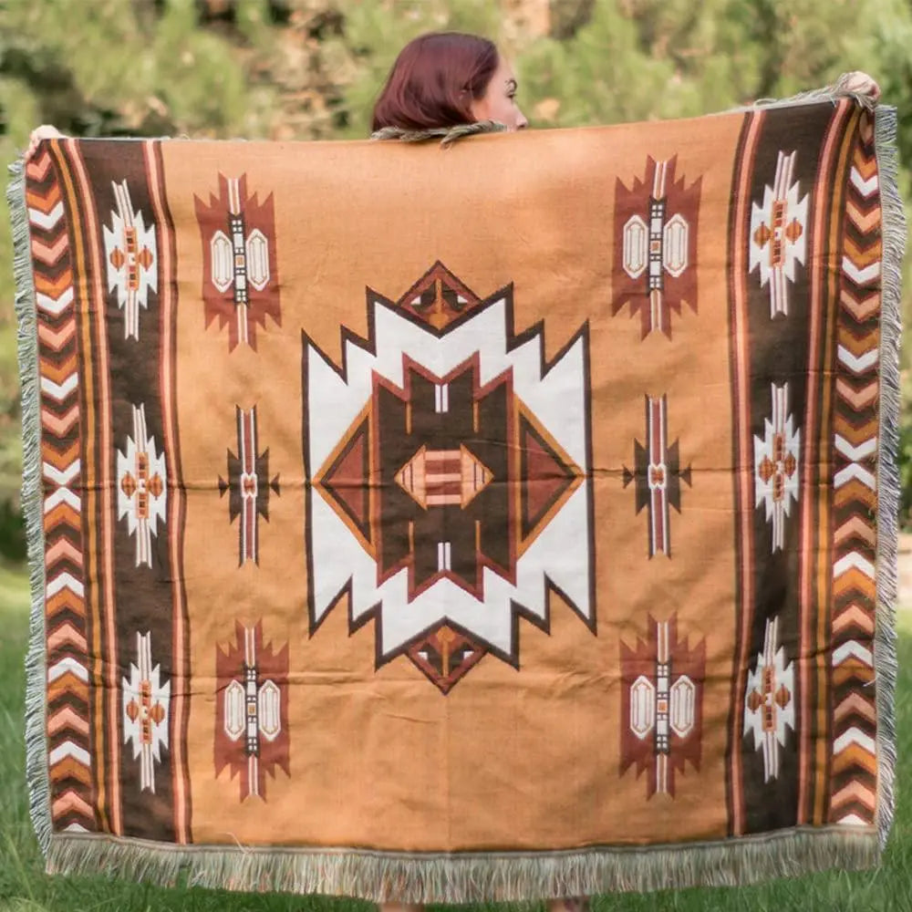 Woven Throw Blanket with Tassels Reversible Brown Sofa Bed