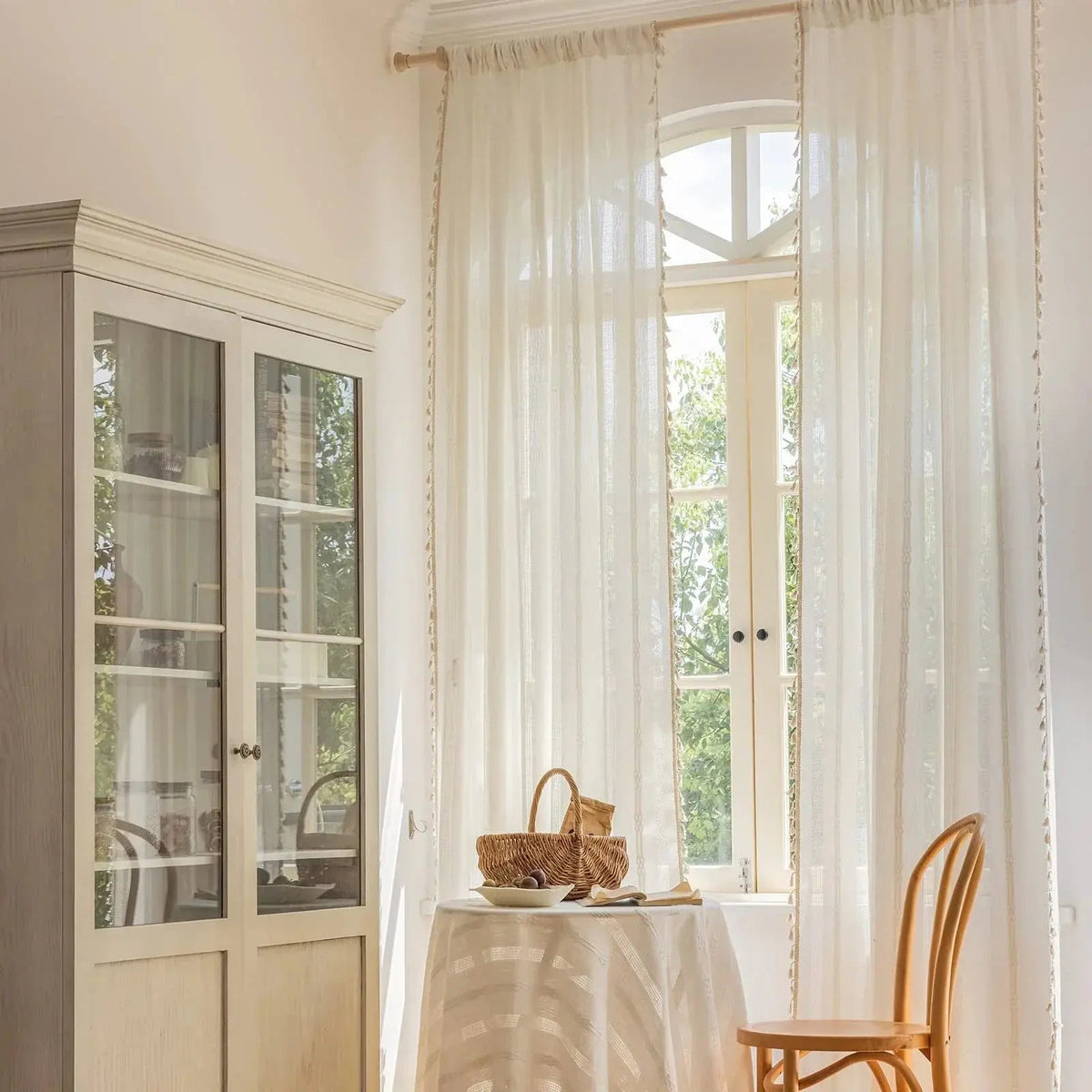 Tasseled Embroidered Stripe Semi-Sheer Curtain Panels