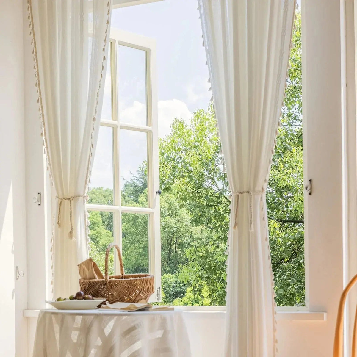 Tasseled Embroidered Stripe Semi-Sheer Curtain Panels