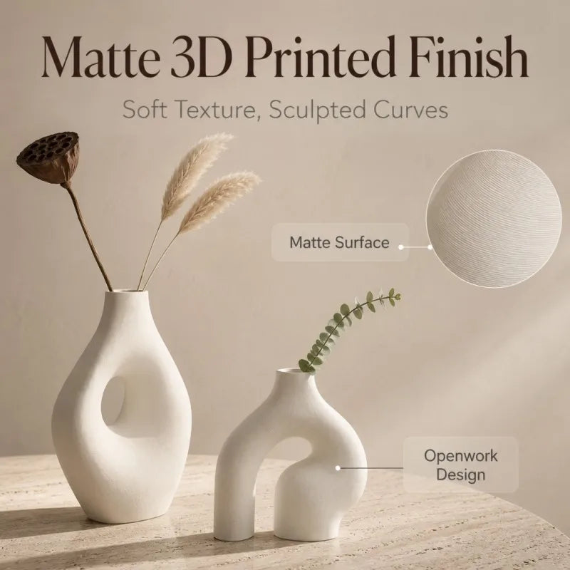 ：Bend Ring Isle Hollow Matte White Sculpture Vase Decor Matte 3D Printed PLA Material Mid-century Wabi Sabi Style for Travertine
