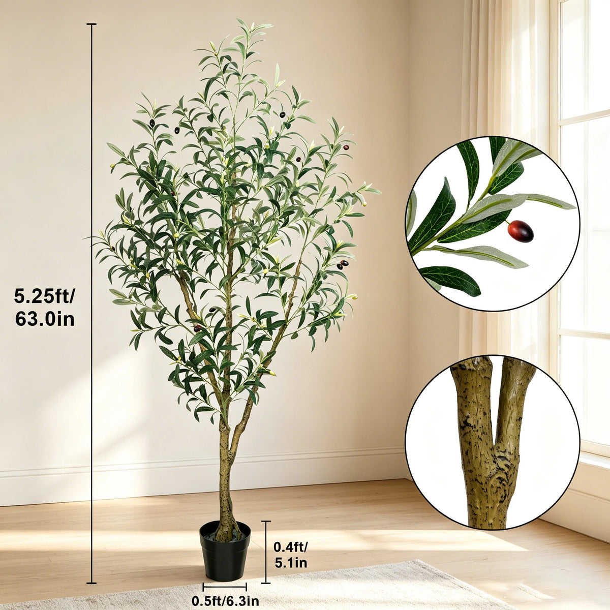 Olive Trees Artificial Indoor, 5.25/6/7FT Tall Faux Olive Tree with Black Pot, Artificial Plants with Natural Wood Trunk and Lifelike Fruits for Home Office Decor