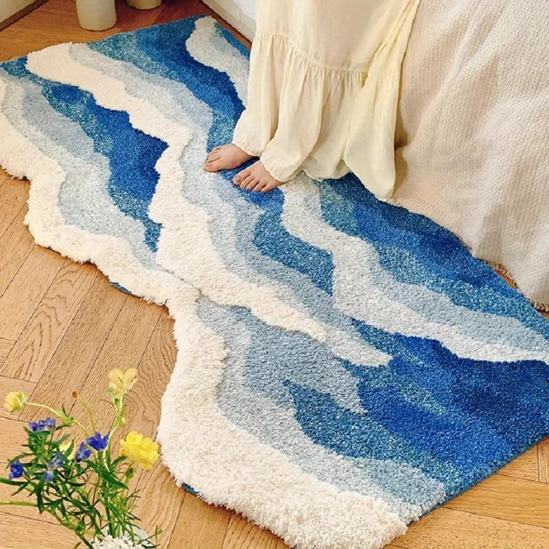 Blue Sea Wave Flocking Non-Slip Area Rug Bedroom Entryway Hallway