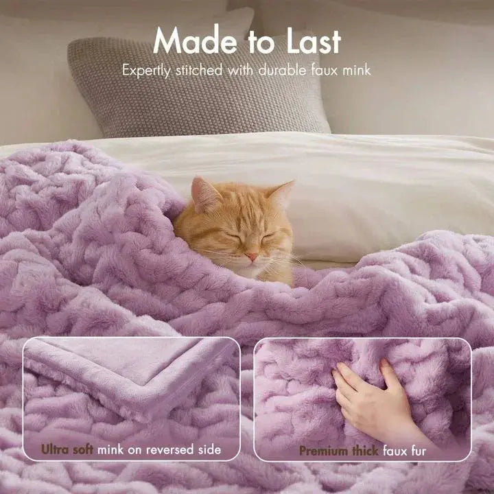 Ruched Faux Fur Throw Blanket Double Sided Cozy Reversible Design