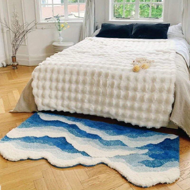 Blue Sea Wave Flocking Non-Slip Area Rug Bedroom Entryway Hallway