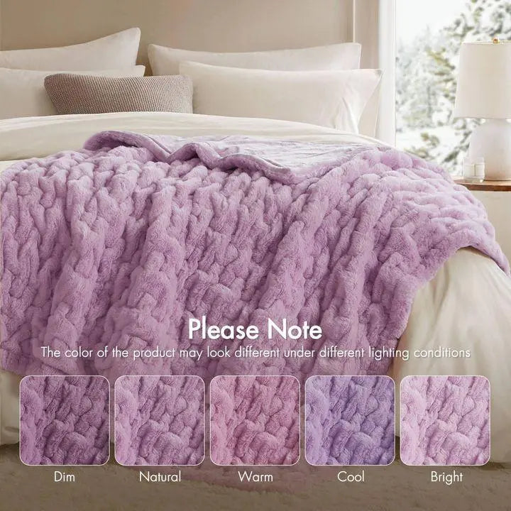 Ruched Faux Fur Throw Blanket Double Sided Cozy Reversible Design