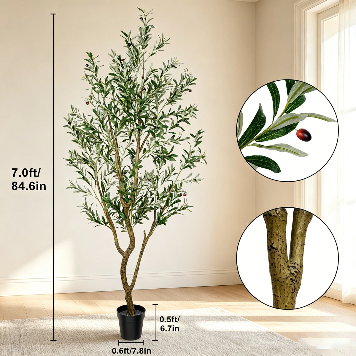 Olive Trees Artificial Indoor, 5.25/6/7FT Tall Faux Olive Tree with Black Pot, Artificial Plants with Natural Wood Trunk and Lifelike Fruits for Home Office Decor