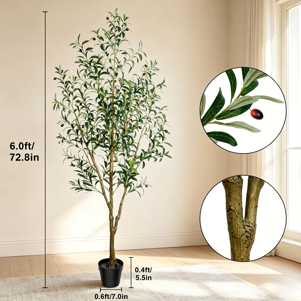 Olive Trees Artificial Indoor, 5.25/6/7FT Tall Faux Olive Tree with Black Pot, Artificial Plants with Natural Wood Trunk and Lifelike Fruits for Home Office Decor