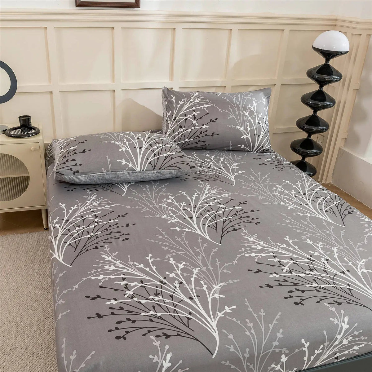 Gray Leaf Fitted Sheet Soft Breathable Bedroom Bedding