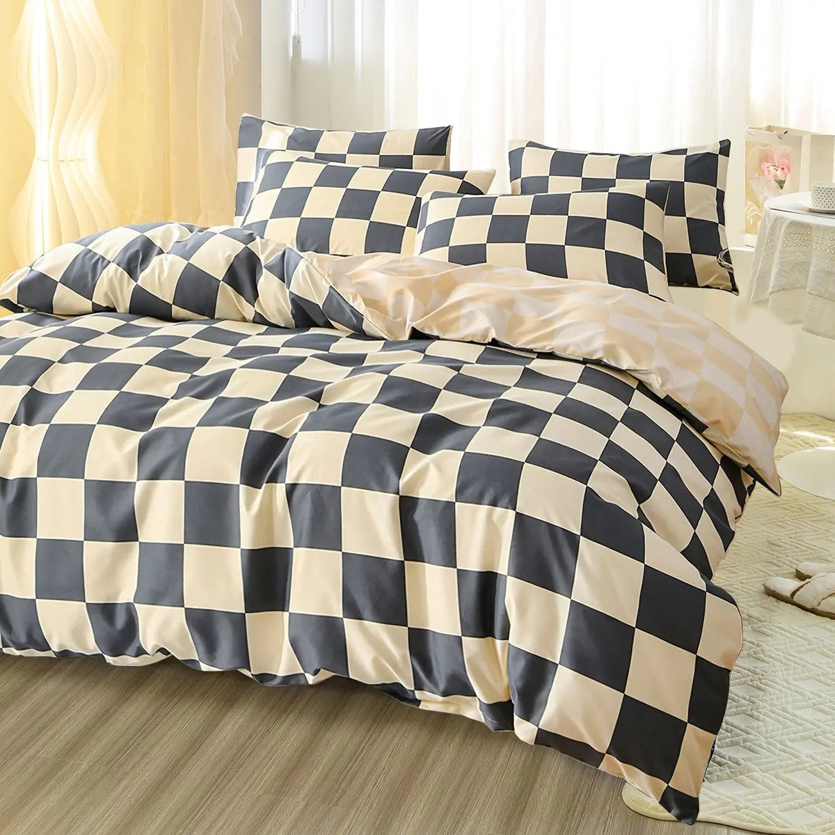 Checkered Bedding Set Soft Duvet Cover Breathable Bedroom