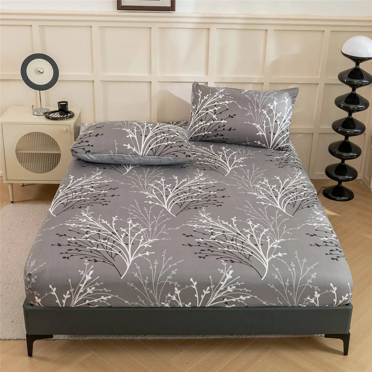 Gray Leaf Fitted Sheet Soft Breathable Bedroom Bedding