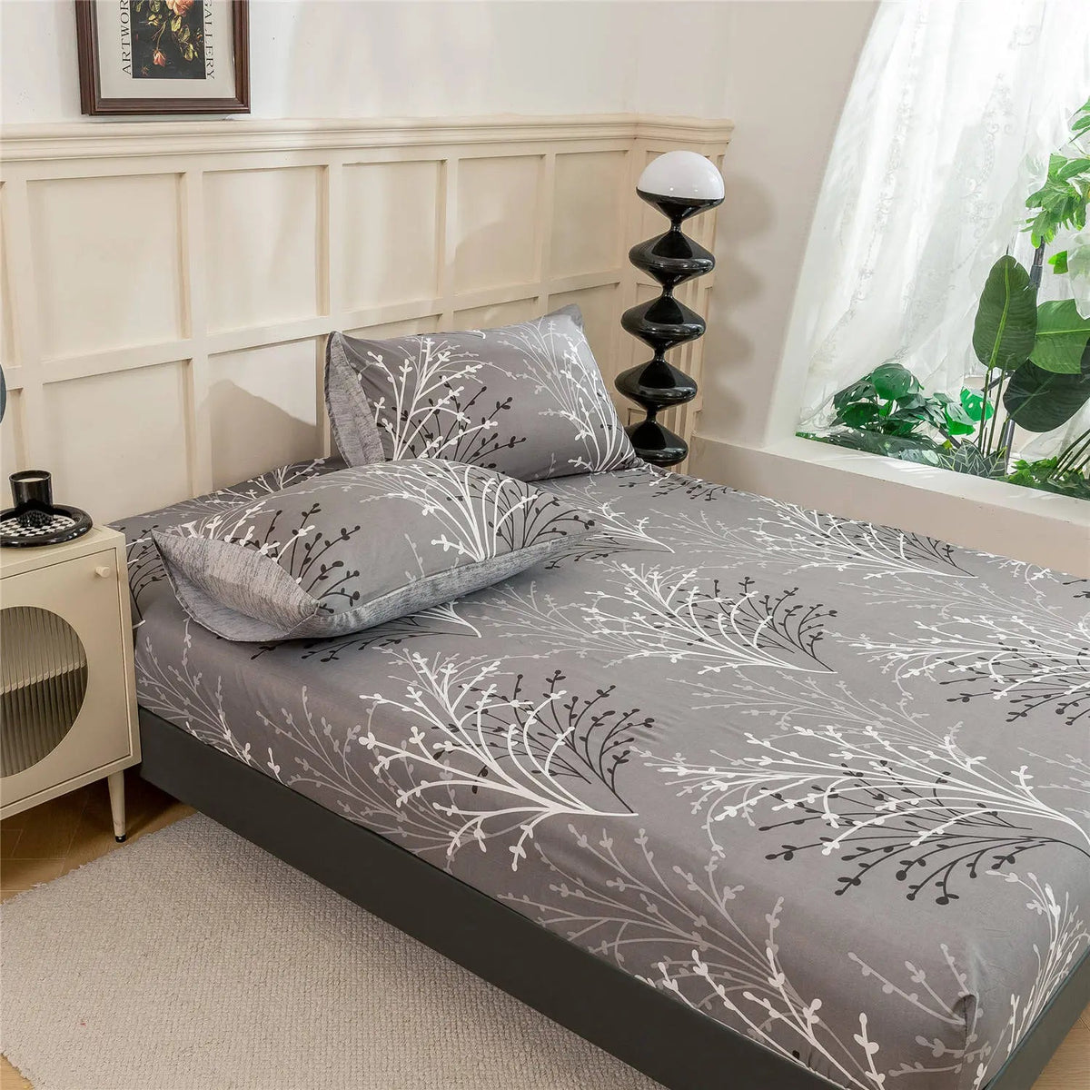 Gray Leaf Fitted Sheet Soft Breathable Bedroom Bedding
