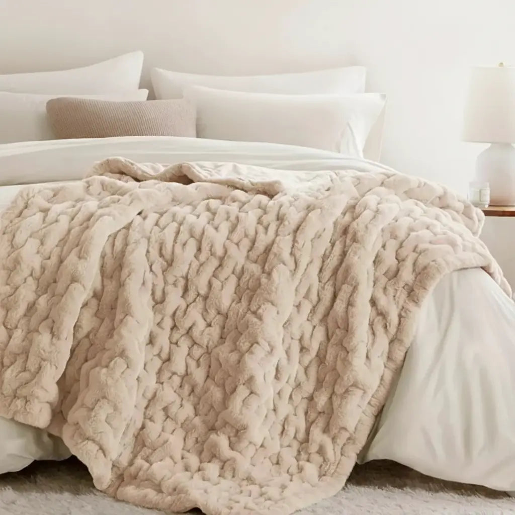 Ruched Faux Fur Throw Blanket Double Sided Cozy Reversible Design