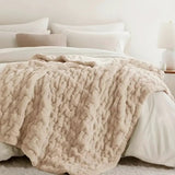 Ruched Faux Fur Throw Blanket Double Sided Cozy Reversible Design