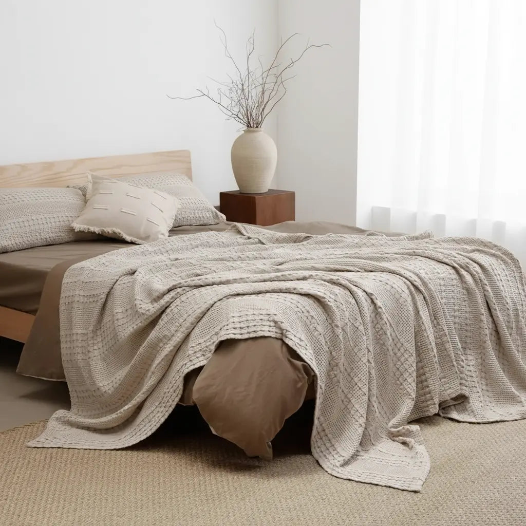 Breathable Cotton Waffle Weave Blanket for Bed Sofa and Summer Use